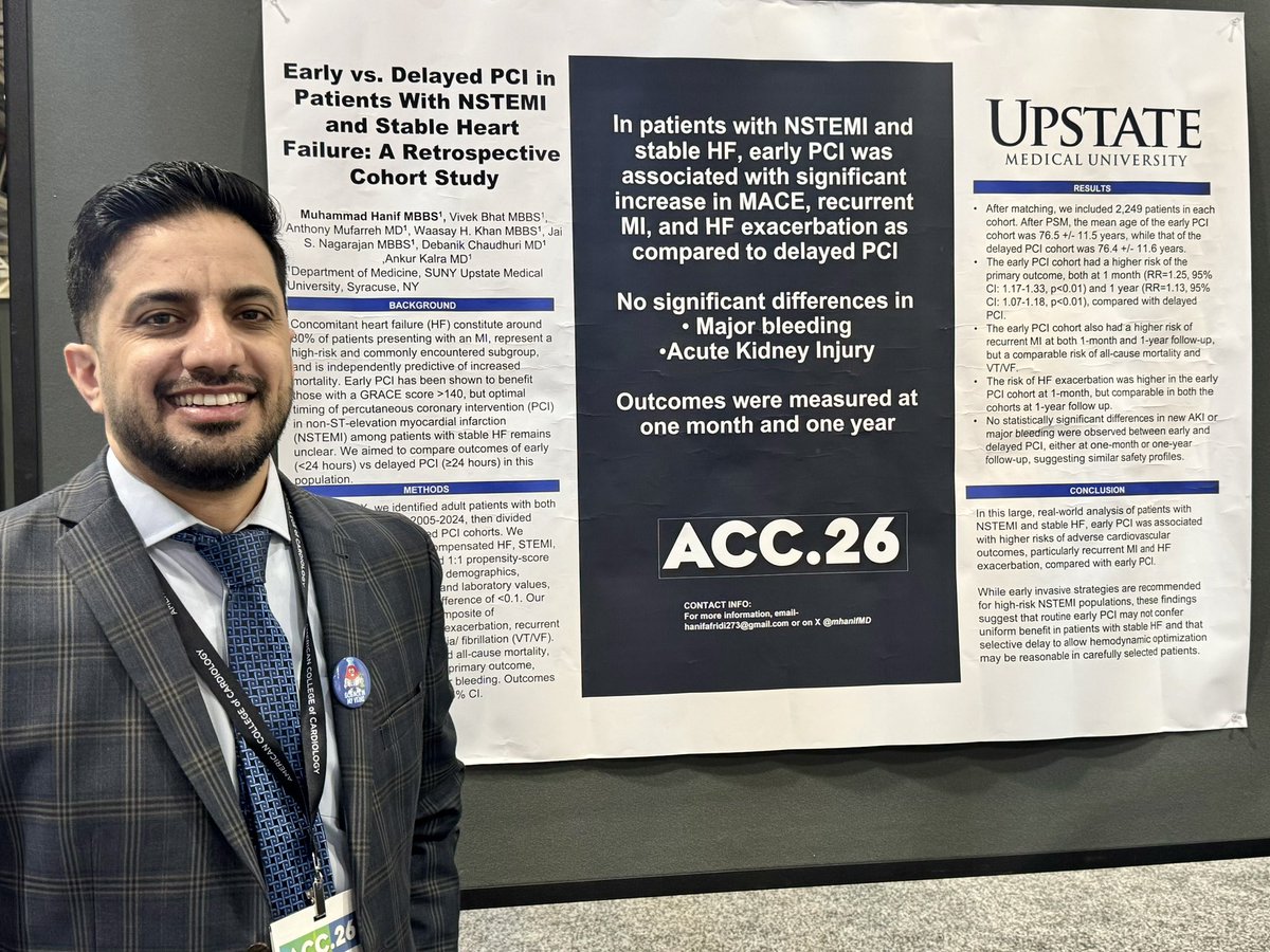 mhanifMD's tweet photo. Honored to present our work at #ACC2026 under the mentorship of Dr. @AnkurKalraMD 
Grateful for the guidance and collaboration that made this possible. Proud to represent @upstate_DOM @UpstatIM_Res 
#UpstateStrong 
@ACCinTouch
@VivekBhatMBBS 
@__oldwine https://t.co/Cs3UFgUhj1