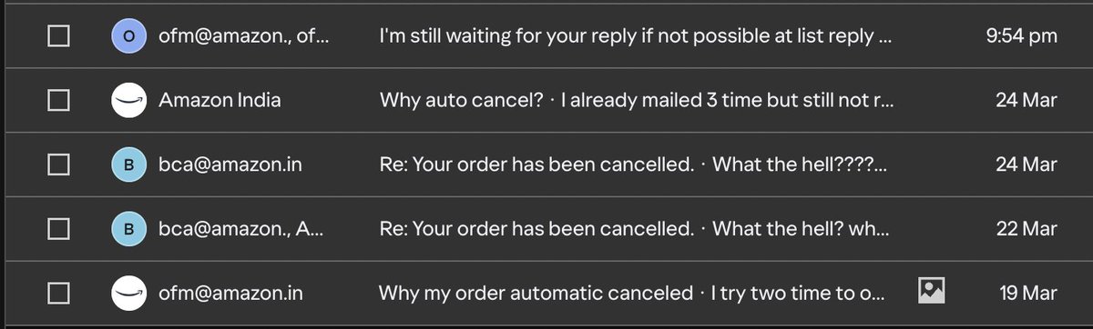 sutariya_nirav's tweet photo. I’ve emailed 4–5 times and waited over 48 hours, but still haven’t received reply. My order is also not getting cancelled.
This is really frustrating please look into this and resolve it as soon as possible.
#NoReply #NoReason @amazon @amazonIN @AmazonHelp #ofm #amazon #amazonOFM https://t.co/zSOMBEhzL9