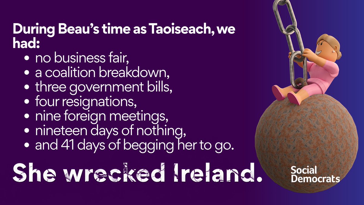 ❌ She's ready to wreck Ireland again. 

📁 Don't forget Beau Warne's track record: she is a failed Taoiseach who couldn't hold anything together.

Help us stop her from doing it again. Vote for the Social Democrats.
discord.gg/y7BtCEMN