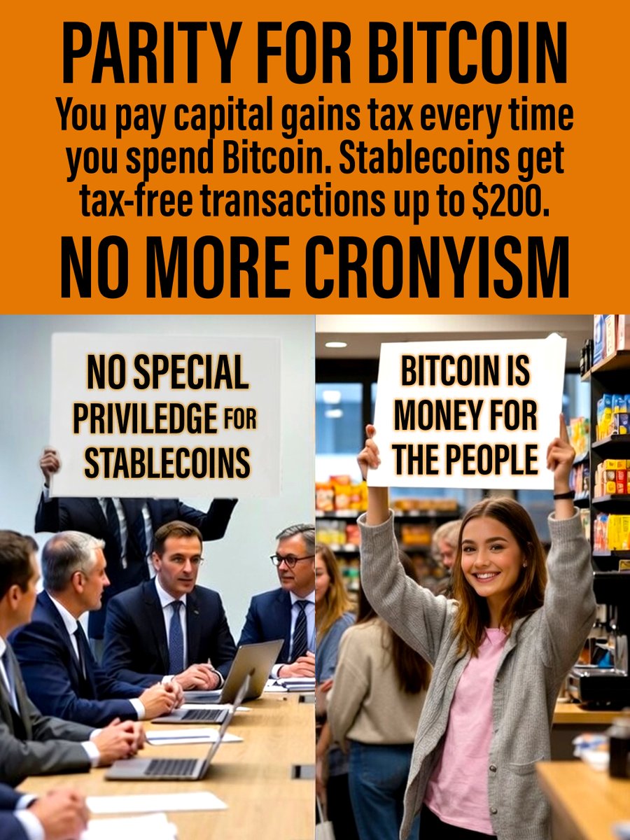bitbrunchpod's tweet photo. BITCOIN IS MONEY FOR THE PEOPLE 🗽🧡
#FixPARITYAct
- Everyday people pay capital gains tax on Bitcoin for buying coffee. - Stablecoins like USDC get $200 tax-free transactions.
- This is CRONYISM. Coinbase protects its $1.35B USDC profits while Bitcoin 🗽 sound money for the people 🗽 gets punished.
- Bitcoin mining still faces double taxation.
- Staking gets a tax break. Bitcoin does not.

Bitcoin is money. No special Privilege for Lobbyists.
#NoStablecoinPrivilege #BitcoinIsMoney