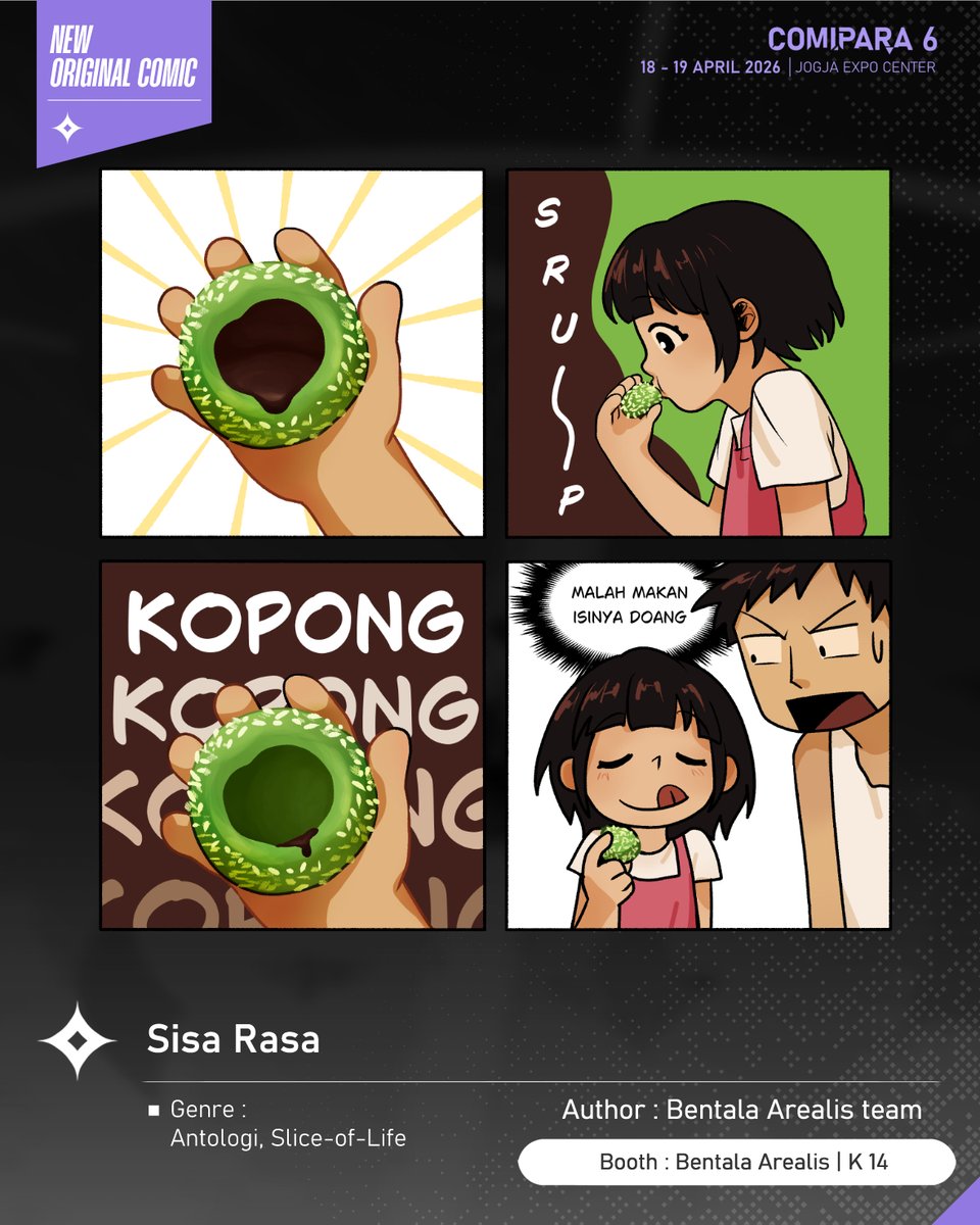 comipara_id's tweet image. [COMIC RAID]
Author: Bentala Arealis team 
Booth: K 14  -  Bentala Arealis

Ada juga kommik baru baru karya Kakak-Kakak Bentala Arealis team, berjudul "Sisa Rasa " yang akan dijual di Comipara 6 besok lho!

Comipara 6
18-19 April 2026
Jogja Expo Center

#comicraid6