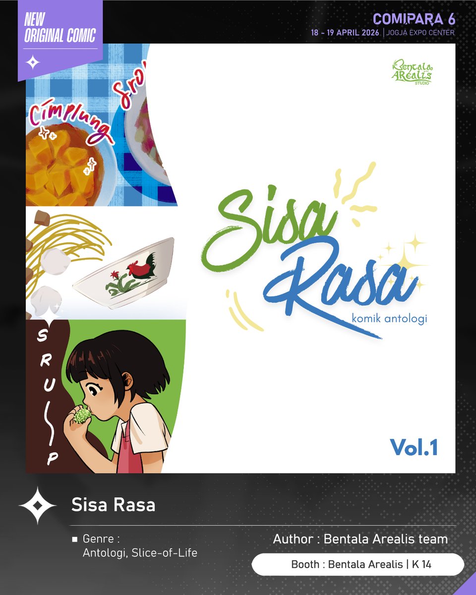 comipara_id's tweet image. [COMIC RAID]
Author: Bentala Arealis team 
Booth: K 14  -  Bentala Arealis

Ada juga kommik baru baru karya Kakak-Kakak Bentala Arealis team, berjudul "Sisa Rasa " yang akan dijual di Comipara 6 besok lho!

Comipara 6
18-19 April 2026
Jogja Expo Center

#comicraid6