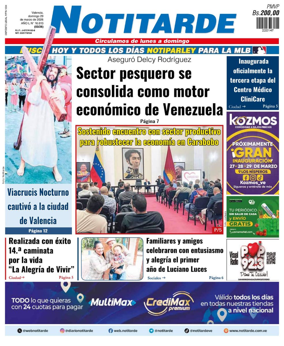 webnotitarde's tweet photo. Buenos días ☀️
Consigue nuestra edición impresa 🗞️
Está disponible para llegar a tus manos este domingo #29Mar 🙌🏻
📌 Nos encontramos en kioskos de la gran Valencia, Puerto Cabello, Chichiriviche, Tucacas, Aragua y Cojedes.
#Notitarde #Venezuela #sucesos #pais https://t.co/U3hgCn1h19
