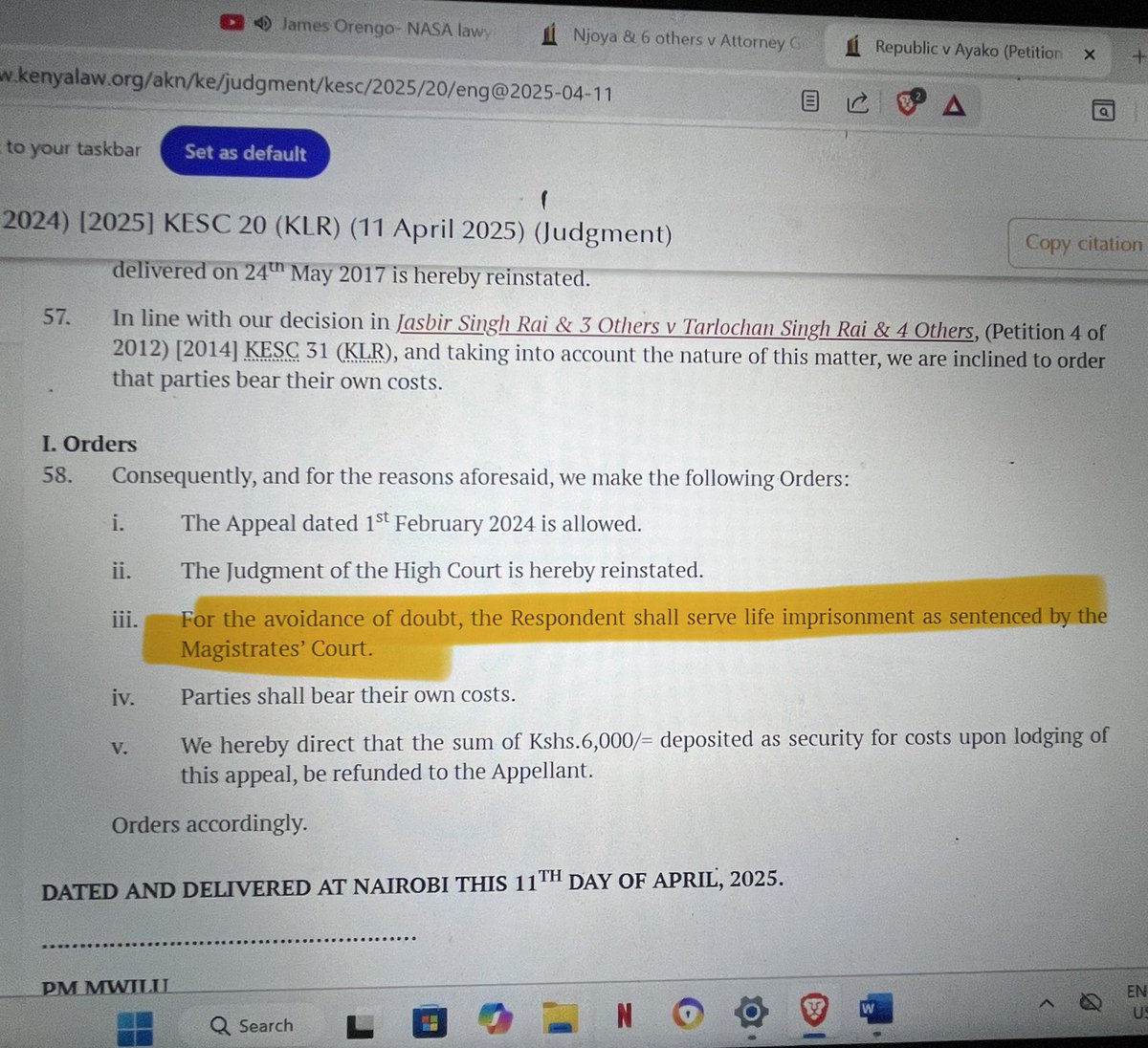 Reminder; the CoA overstepped its powers by converting life imprisonment into a 30 year term; 
SCORK in R v Ayako (Petition E002 of 2024); although a judicial discretion exercise, it is the parliament that sets the parameters of sentencing in each crime and not the judiciary.
