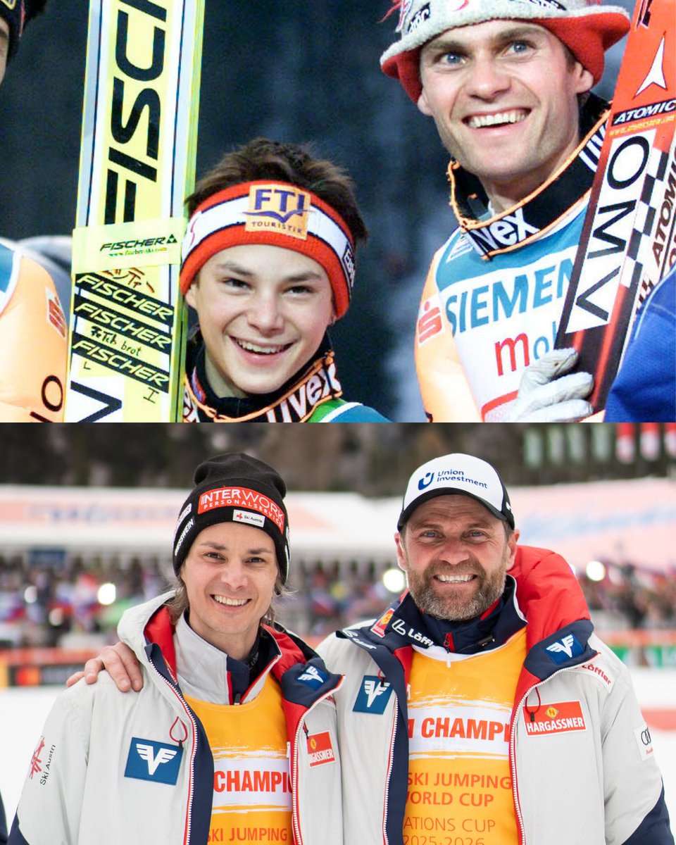 FISskijumping's tweet photo. 25 years later... 🥹 Manuel Fettner 🇦🇹 started his career as a young athlete next to Andreas Widhoelzl, ended as an athlete under head coach Andreas Widhoelzl💙

#fisskijumping #worldcupplanica https://t.co/skCo1S9GpW
