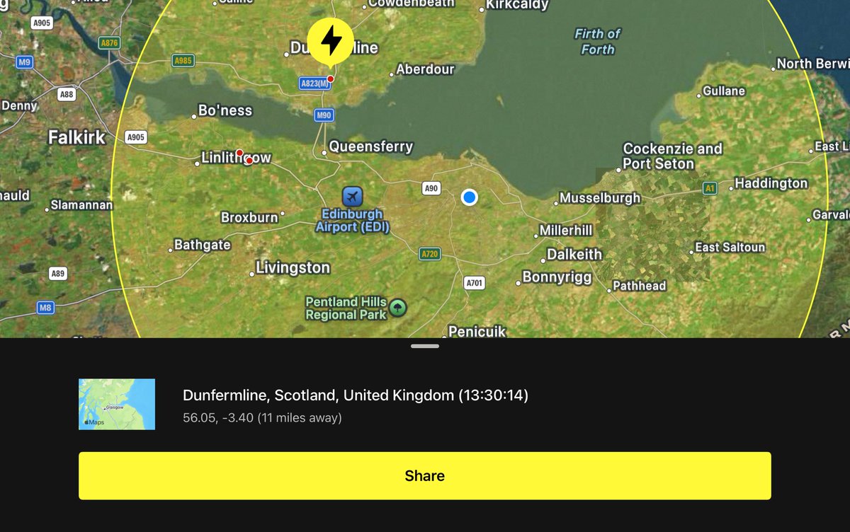 PostYESvote's tweet photo. A lightning strike has been detected near Dunfermline, Scotland, United Kingdom (56.05, -3.40) at 13:30:14. https://t.co/o3yOzzK0sk https://t.co/cgVAR9XEnO