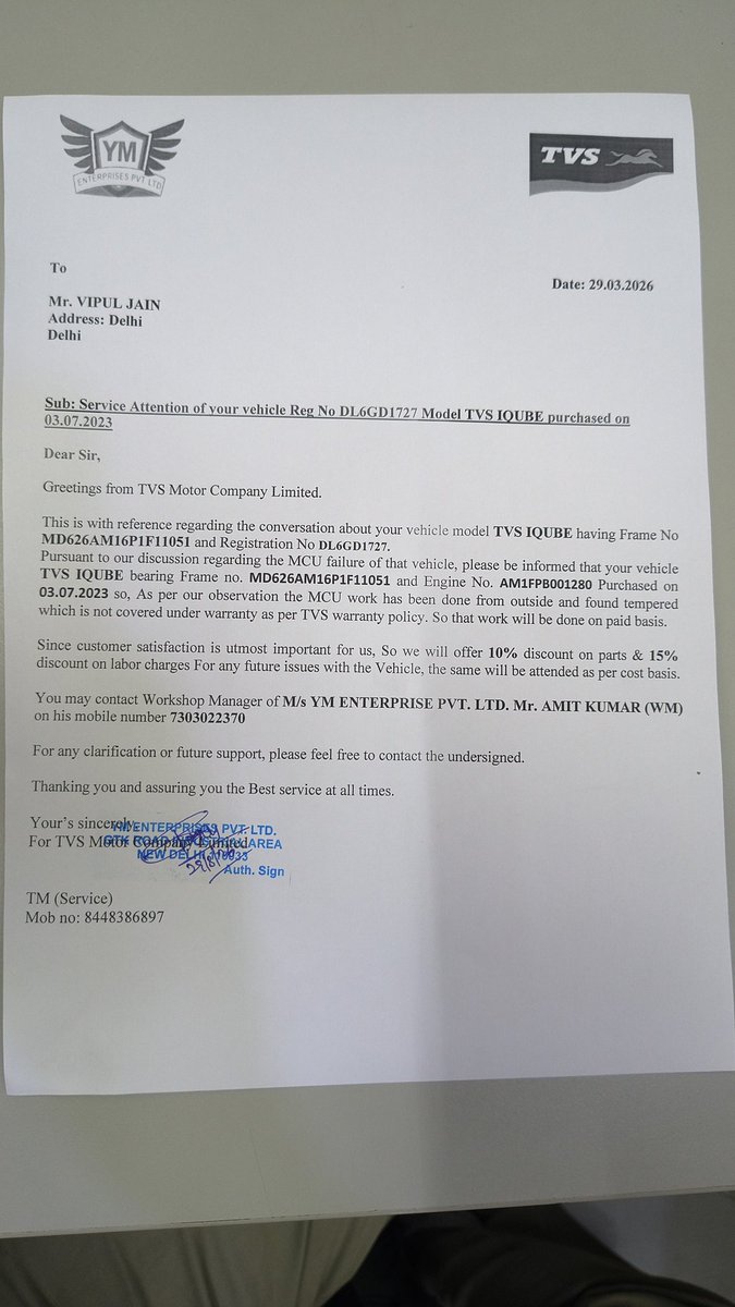 advchandan5's tweet photo. @tvsiqube @tvsmotorcompany @TVSApacheSeries #Sudarshan_Venu
 Every service is being taken from TVS showroom YM enterprises  and no work from outside ever. Today after keeping the scooter for 3 days they rejected warranty claim by claiming it to be tempered is shocking #TVS #fraud https://t.co/dJC09JOBkz