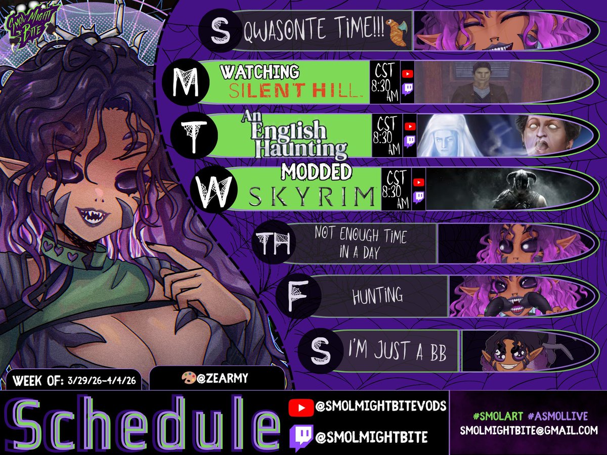🕷️SMOL WEEKLY SCHEDULE🕷️

As promised! Regularly scheduled programming!!

Hope to see ya there my Bites!!!🕷️