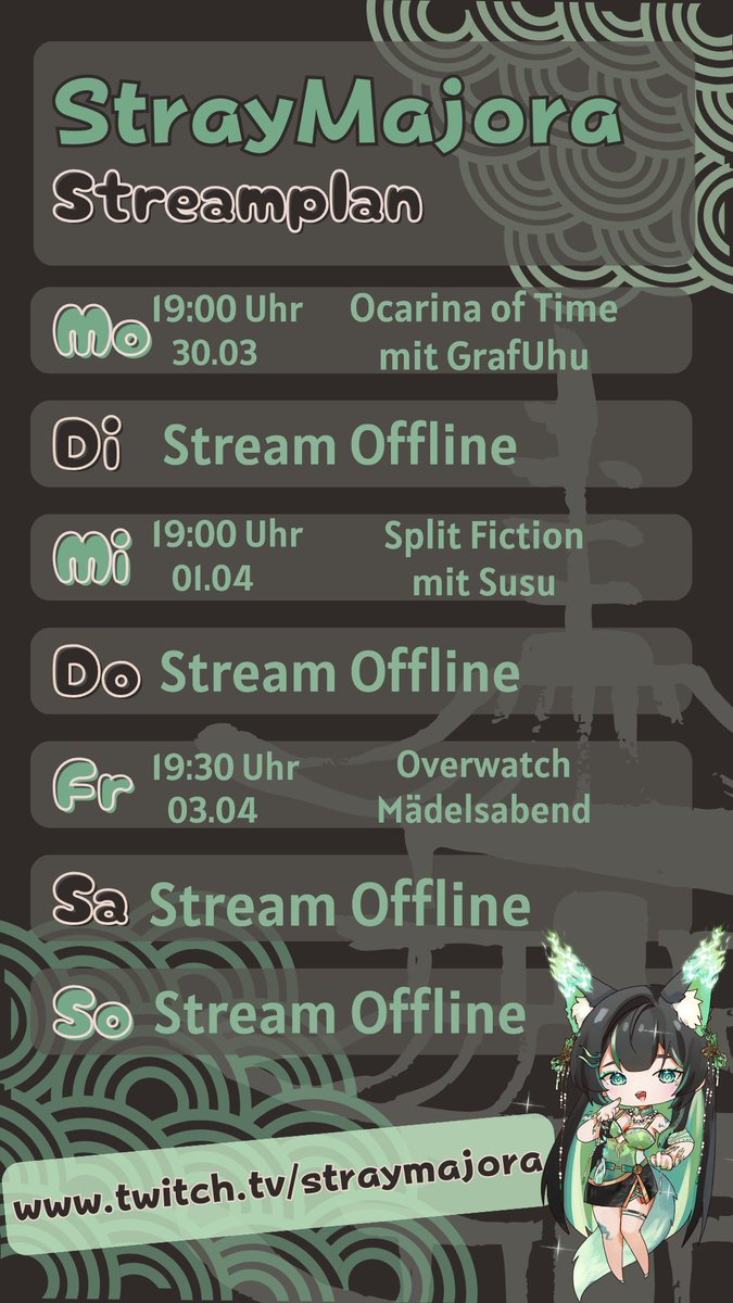 Für alle die nächste Woche nicht so viel zutun haben und eine abendliche Beschäftigung suchen..
Schaut doch gerne mal vorbei twitch.tv/straymajora