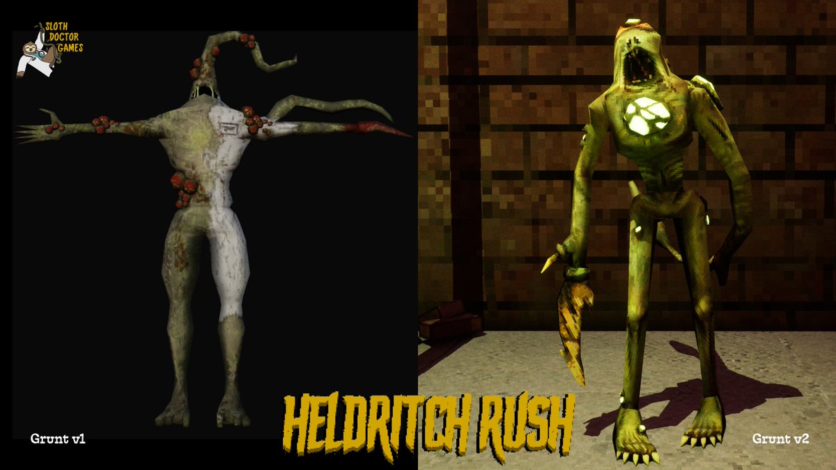 Take a look at the comparison below:
 ⬅️ Left: Original Grunt
 ➡️ Right: Reimagined Grunt
Let us know - which one would you rather encounter in the dark?
discord.gg/Dusmmpy6jh
#WisdomWednesday #GameDev #IndieGame #Eldritch #3Dart #art #Creatures #HeldritchRush #SlothDoctorGames