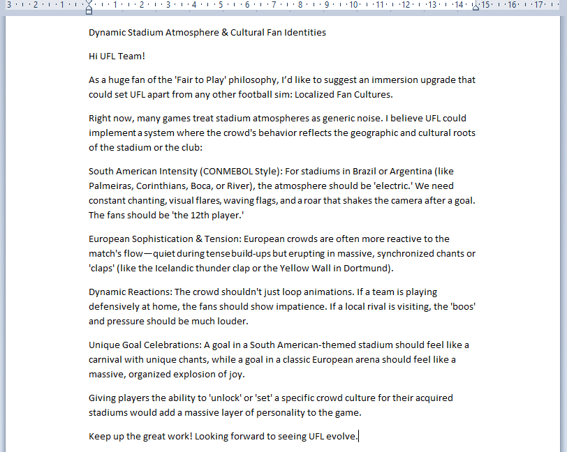 igor_ironside's tweet photo. @UFLgame Hey @UFLgame  I've put together some thoughts on how to make stadium atmospheres feel truly global. From the 'electric' South American crowds (like Brazil &amp; Argentina) to the unique European vibes. Let’s make the fans the 12th player! 🏟️🔥 #UFL #UFLGame #FairToPlay" https://t.co/4eAsGqspJU