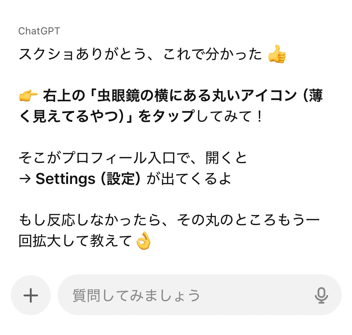 pppkyons2's tweet photo. chatgptのアプリアップデートしたらアカウント設定のアイコンが無くなったから、GPT君に聞いてみた

GPT『右上の虫眼鏡の横にある丸いアイコン押して』

丸いアイコンなんかねーよと思いつつ、適当に何もないとこ押したら設定開いたし、超拡大したらアイコンもあった

わかるかwww https://t.co/2a3PrT2yBI