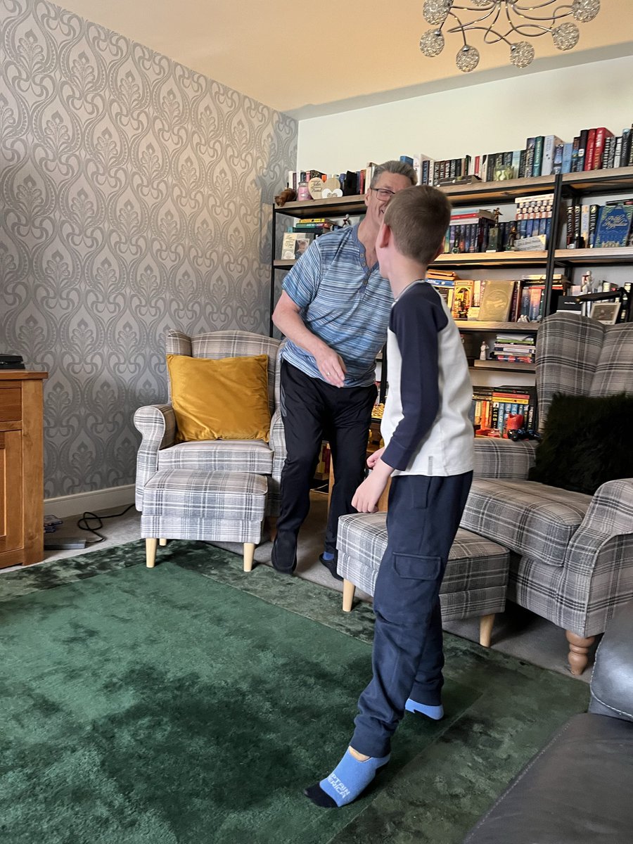 pattinso9's tweet photo. Oh dear, Da isn’t any good at hide and seek we nearly had to call the fire brigade to get him out of his hiding place. He got in behind the reading g chair but couldn’t get out!! 😂😂😂#sleepoverfun https://t.co/op4eLFwk5k