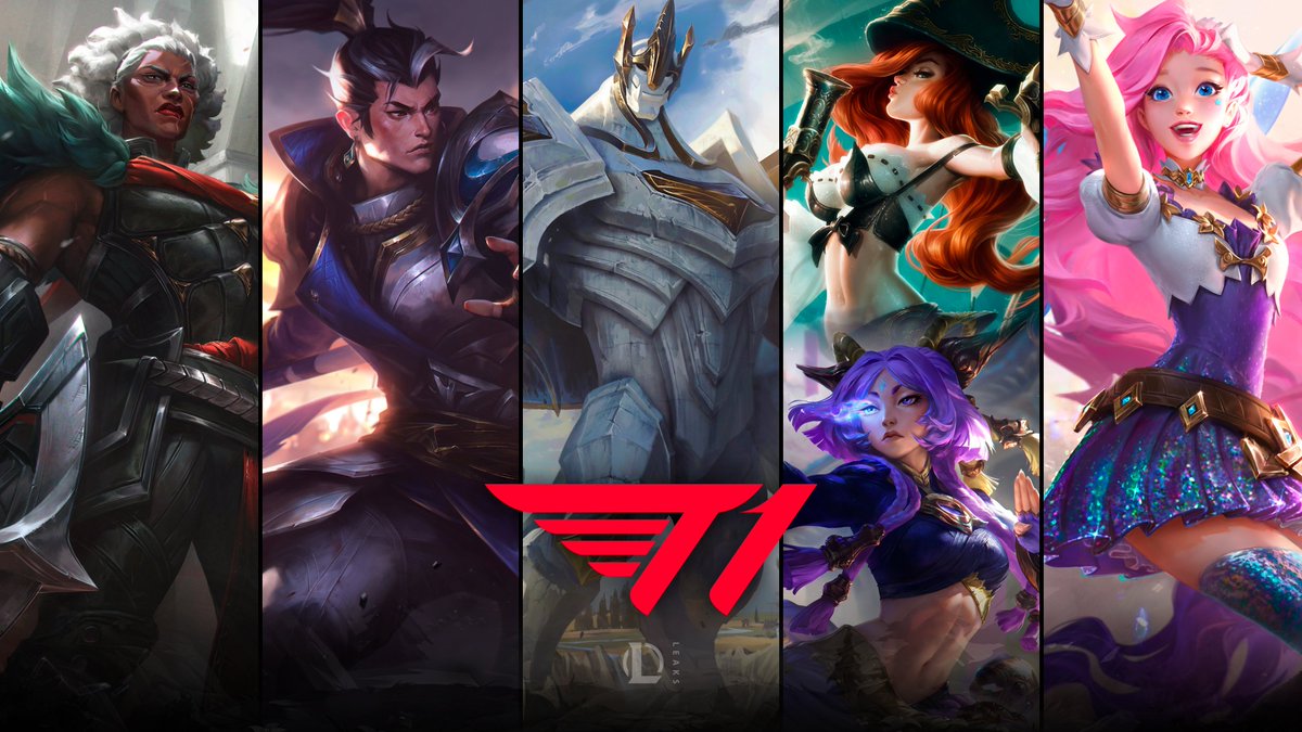 BladeLegends_'s tweet photo. Potwierdzono skórki drużynowe T1 na Mistrzostwa Świata 2025 ‼️

• Top (Doran): Ambessa 
• Jungle (Oner): Xin Zhao
 • Mid (Faker): Galio
 • Bot (Gumayusi): Miss Fortune (Prestige) + Yunara 
 • Support (Keria): Seraphine

#leagueoflegends #riftlegends #gamincomunity #twitch https://t.co/JroaQNHS1e