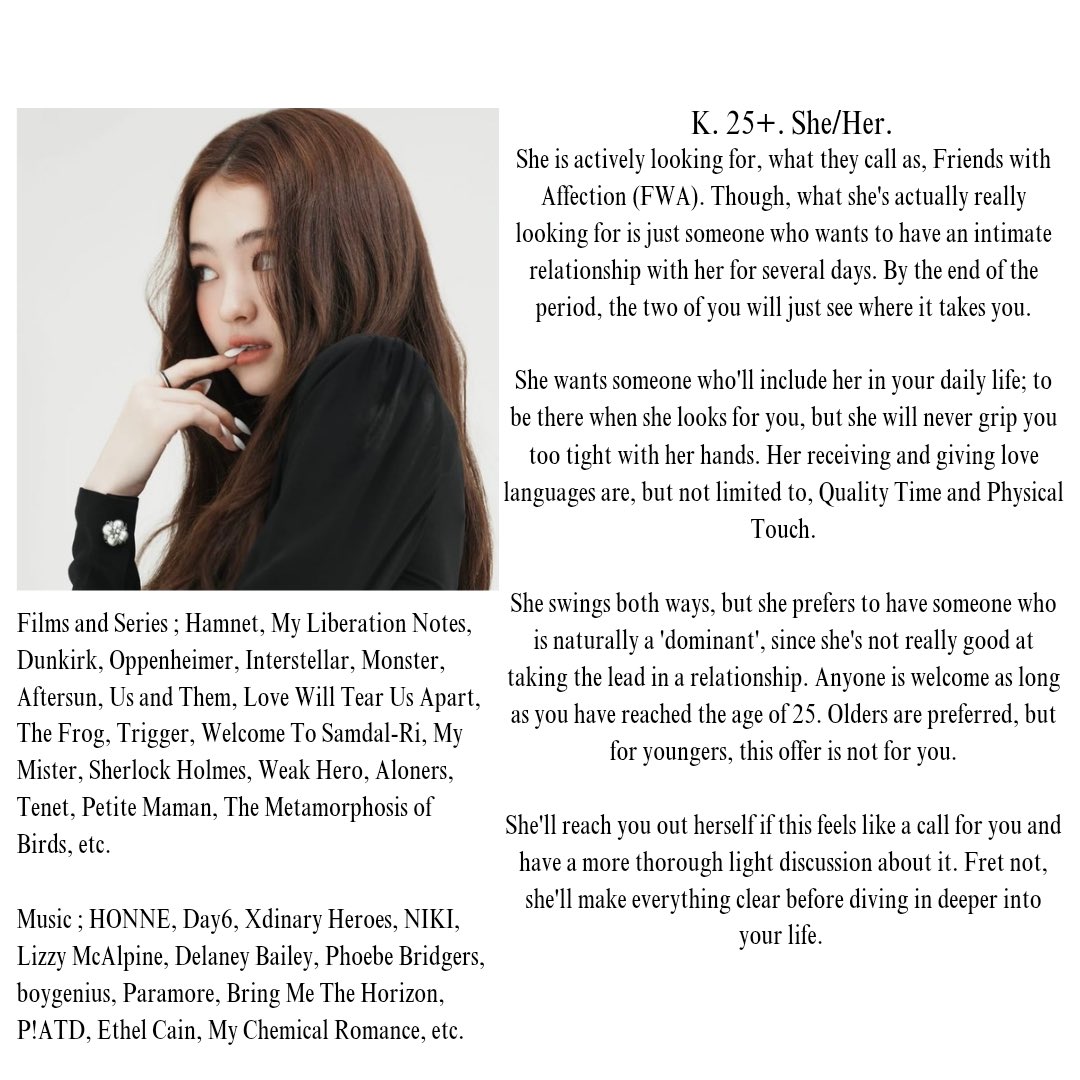 A repost would be appreciated.

A friend of mine is seeking a Friend with Affection (FWA) partner. If you’re interested, please take a moment to read her CV and drop a reply if you think she fits your criteria (24 and above only). 🤍