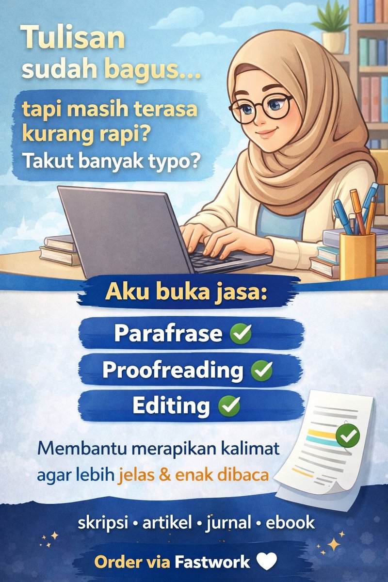 Ningrum1806's tweet photo. Tulisan sudah bagus tapi masih terasa kurang rapi?
Aku buka jasa: Parafrase Proofreading Editing
Membantu merapikan kalimat agar lebih jelas &amp; enak dibaca.
Cocok untuk skripsi, artikel, jurnal, ebook.
Order: https://t.co/CDjkke5mlk https://t.co/R2xWYaX1JN
