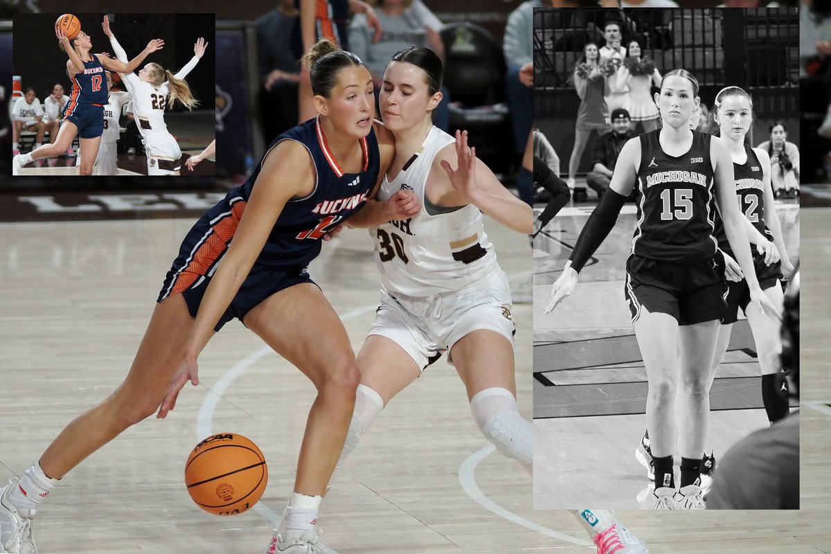 PeterE5964's tweet photo. From Bison to Wolverine &amp; still going strong! --GO ASHLEY!!   Ashley Sofilkanich  Photos: vs Lehigh 2/19/25, vs Rutgers 1/22/26  @LehighWBB @Bucknell_WBB  @umichwbball https://t.co/X28aUin2YO