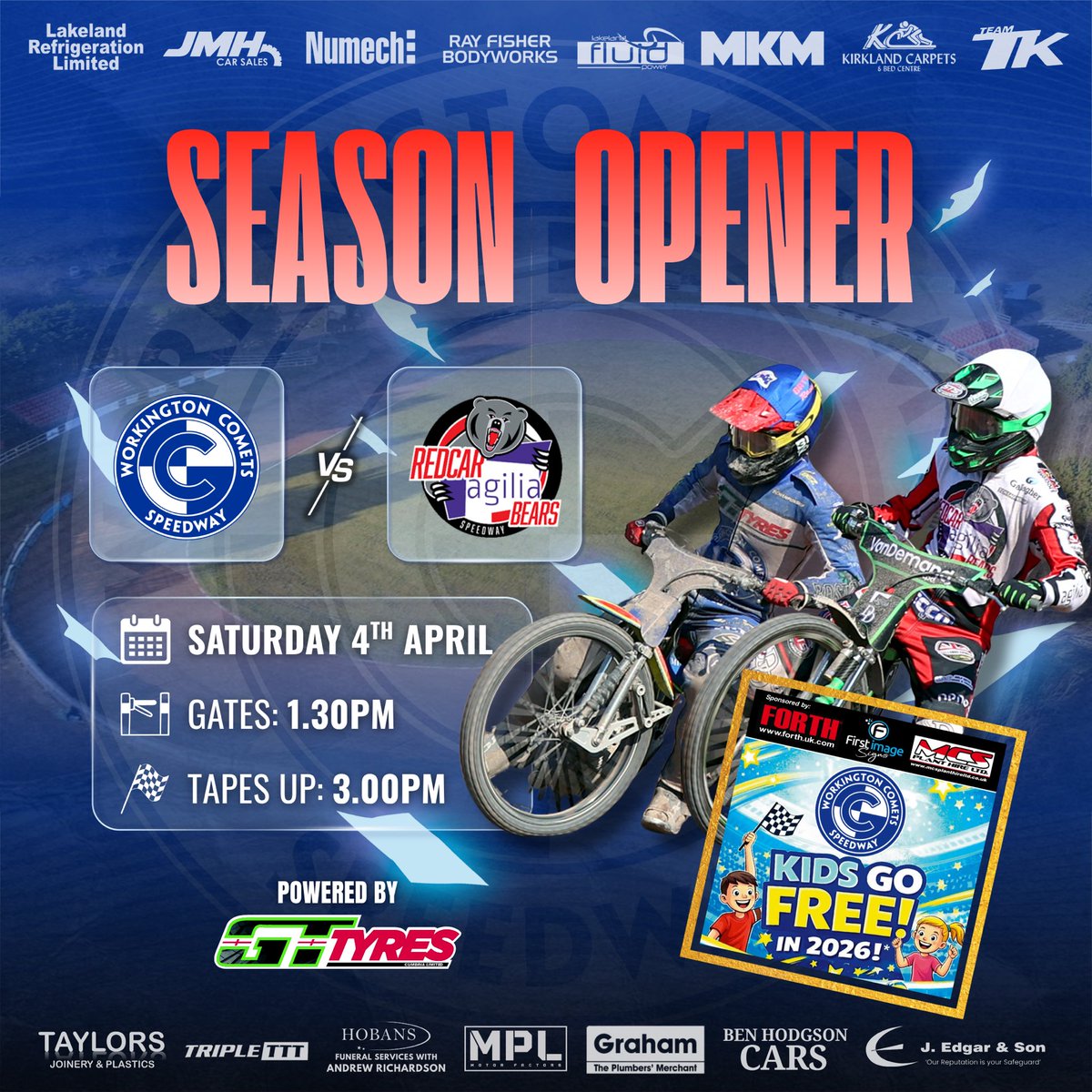 workycomets's tweet photo. 🔥🐻 The GT Tyres Comets start their season with a HUGE Season Opener against the Bears

🐻 Comets 🆚 Redcar
📆 Saturday 4th April
🚧 Gates open 1.30pm
🕒 Tapes up 3.00pm
📍 GT Tyres Arena, CA14 1BN

ℹ️ 𝗖𝗔𝗦𝗛 𝗢𝗡𝗟𝗬:
Adults (aged 18 and over) = £20 Students (aged 16-18) = £15
Child (aged 0-15) = FREE when accompanied by a paying adult.