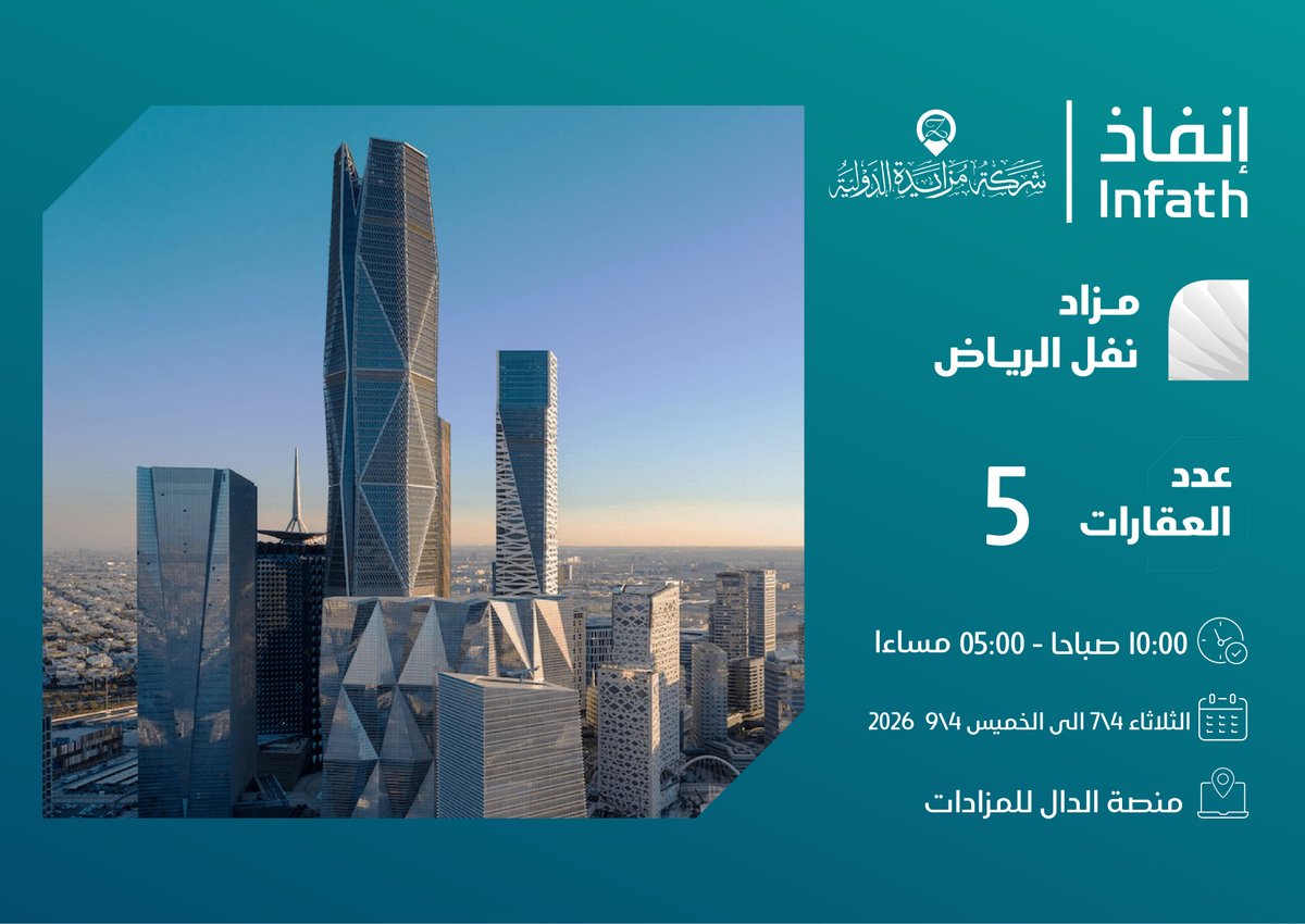 mzaedhcom's tweet photo. مزاد #نفل_الرياض 

تعلن شركة مزايدة الدولية عن المزاد العلني تحت إشراف مركز الإسناد والتصفية #إنفاذ و بقرار من محكمة التنفيذ وبحكم من محكمة الأحوال الشخصية

🗓يبدأ الثلاثاء 10:00صباحا  2026/04/07  
🗓ينتهي الخميس 4:00 مساء 2026/04/09 

للاطلاع على البروشور      
https://t.co/ZvkOjMy33o

عبر منصة الدال 
https://t.co/EauNIYbKYJ

@infath_sa @infathAuctions