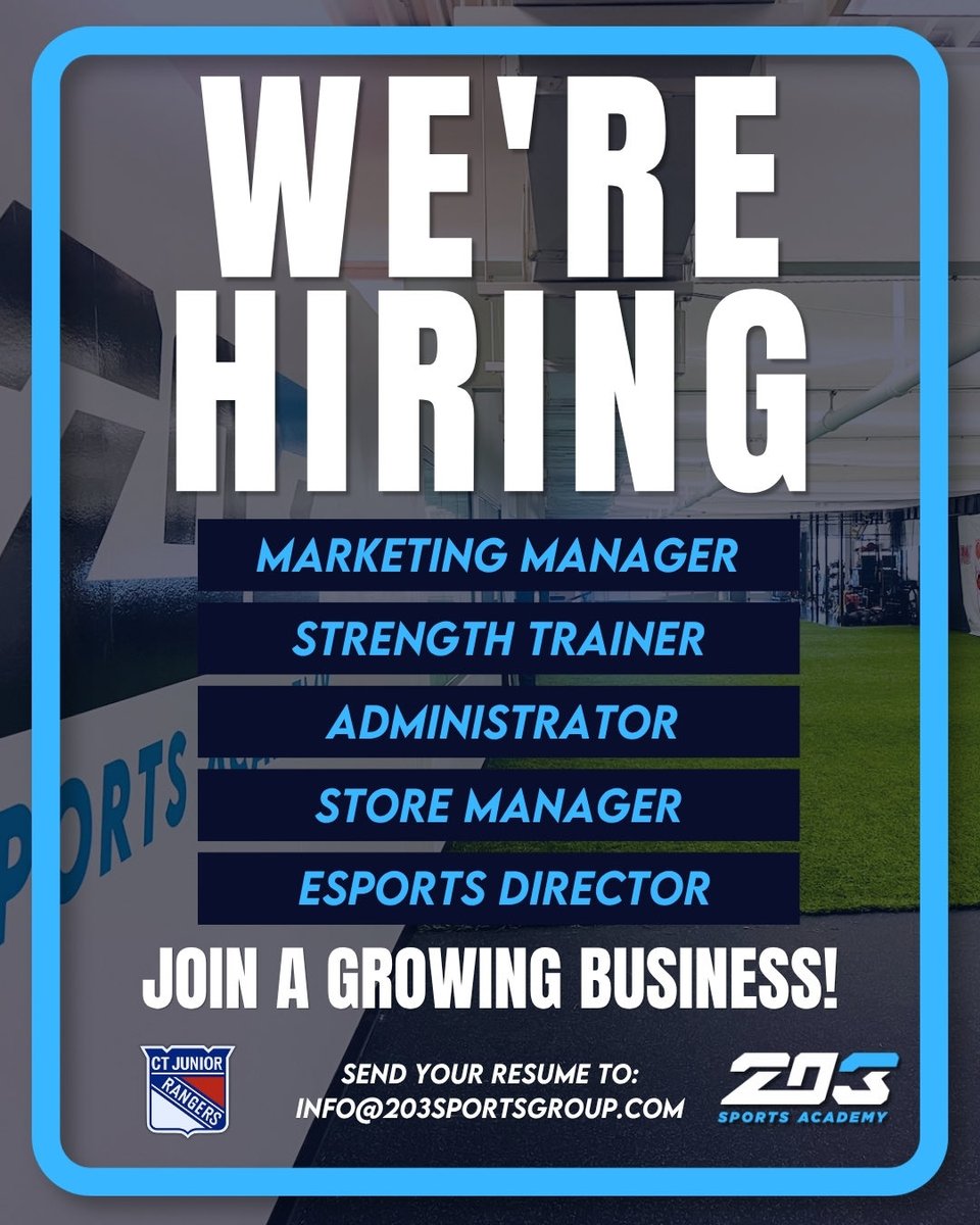 CJRHockey's tweet image. 203 Sports Academy and CJR are looking for talent! Join us as we continue to grow and create new opportunities. 

Send resume to: info@203sportsgroup.com

#CJR #203sportsacademy #203sportsgroup