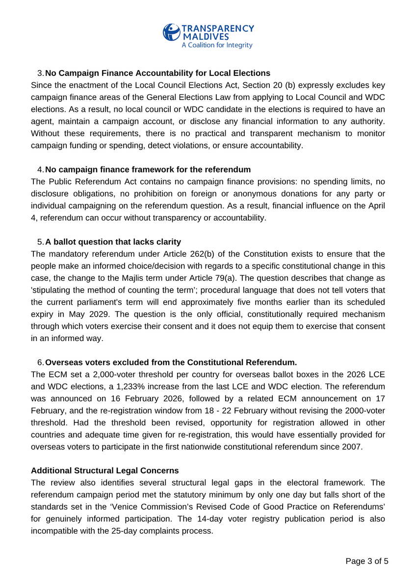 📢Press release by <a href="/TransparencyMV/">Transparency MV</a>  on the Preliminary Findings of the Pre-Election Legal Review 

Read the full statement in English/Dhivehi from our website: transparency.mv/press-release-…

Read the full pre-election legal review from our website: transparency.mv/publications/p…

Pages 1-3/5