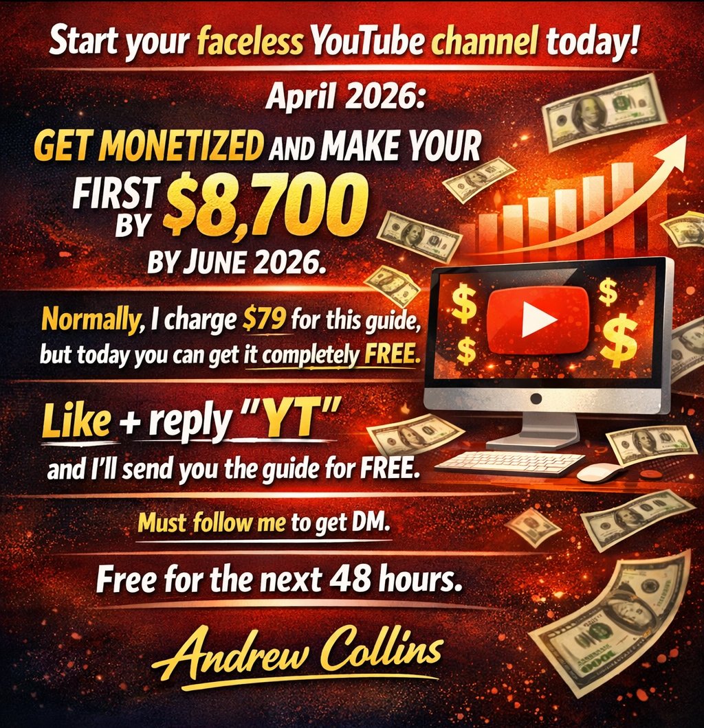 iamandrewcol's tweet photo. Start your faceless YouTube channel today! April 2026: Get monetized and make your first $8,700 by June 2026.

Normally, I charge $79 for this guide, but today you can get it completely FREE.

Like + reply “YT” and I’ll send you the guide for FREE.

Must follow me to get DM.

Free for the next 48 hours.