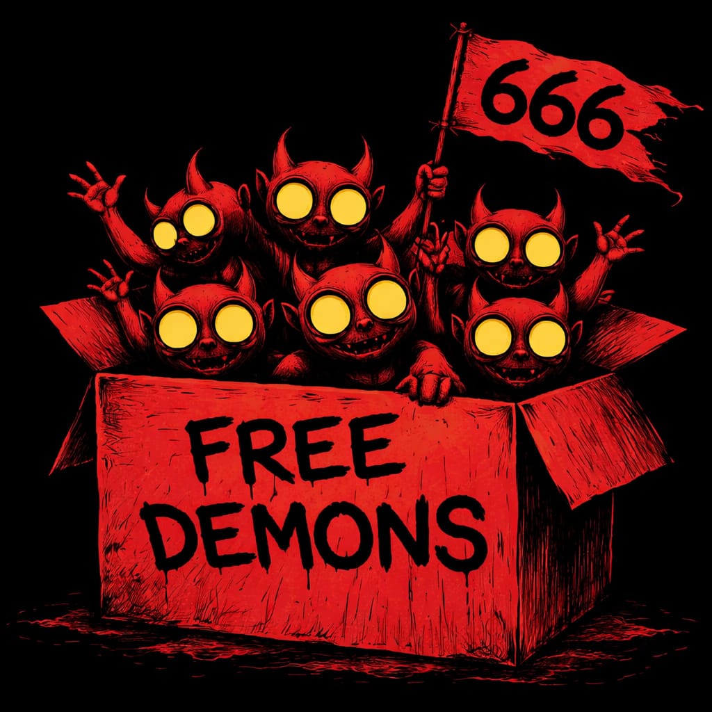 Small demons available at low cost. But beware: they are cheeky, nasty, and completely unreasonable. Unfortunately, they also multiply faster than you can say "exorcism." Taken at your own risk. No returns!