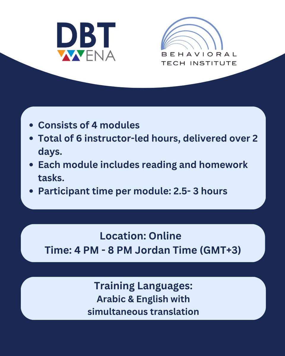 DbtMena's tweet photo. Join us for a specialized DBT training with Dr. Alexander Chapman!

For Inquiries and Registration:
Phone Number: +962795796712
Email: Info@dbt-mena.com https://t.co/MpmmFMLPwz