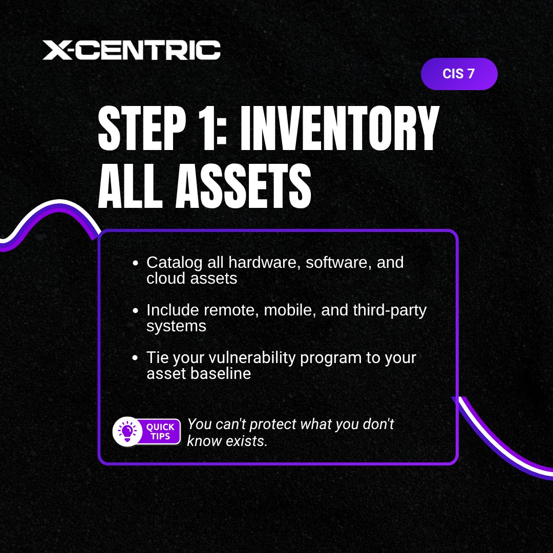 x_centric's tweet photo. 5 steps to shrink your attack surface with CIS Control 7:

1️⃣ Inventory all assets
2️⃣ Deploy vulnerability scanning
3️⃣ Prioritize by risk
4️⃣ Remediate & verify
5️⃣ Track & improve over time

Swipe for the detail. 🔐

POST 1 of 2
#SecureHabits #CISControls #VulnerabilityManagement #CyberSecurity