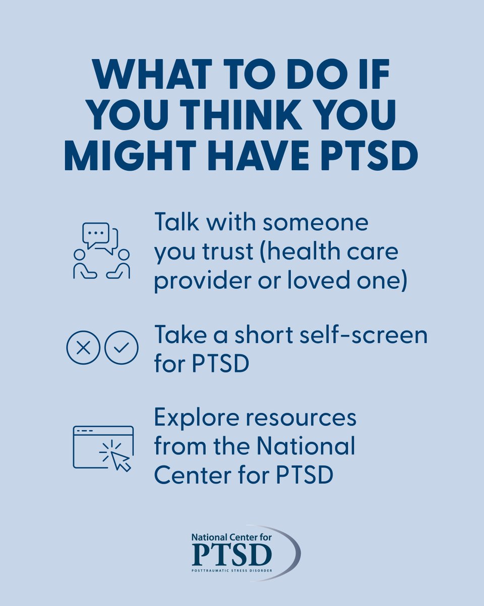 VA_PTSD_Info's tweet image. If you think you may be experiencing PTSD symptoms, it’s important to talk to someone. You can start by talking to a doctor or family member, or by taking a brief self-screen for PTSD and sharing the results with them: ptsd.va.gov/understand/isi…

#PTSDselfscreen #PTSD