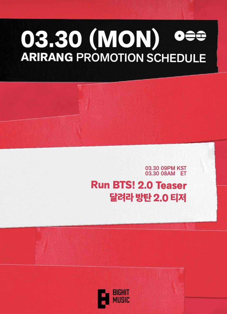 GLISTEN_J's tweet image. 260330 방탄소년단 스케줄 표

Run BTS! 2.0 Teaser
달려라 방탄 2.0 티저