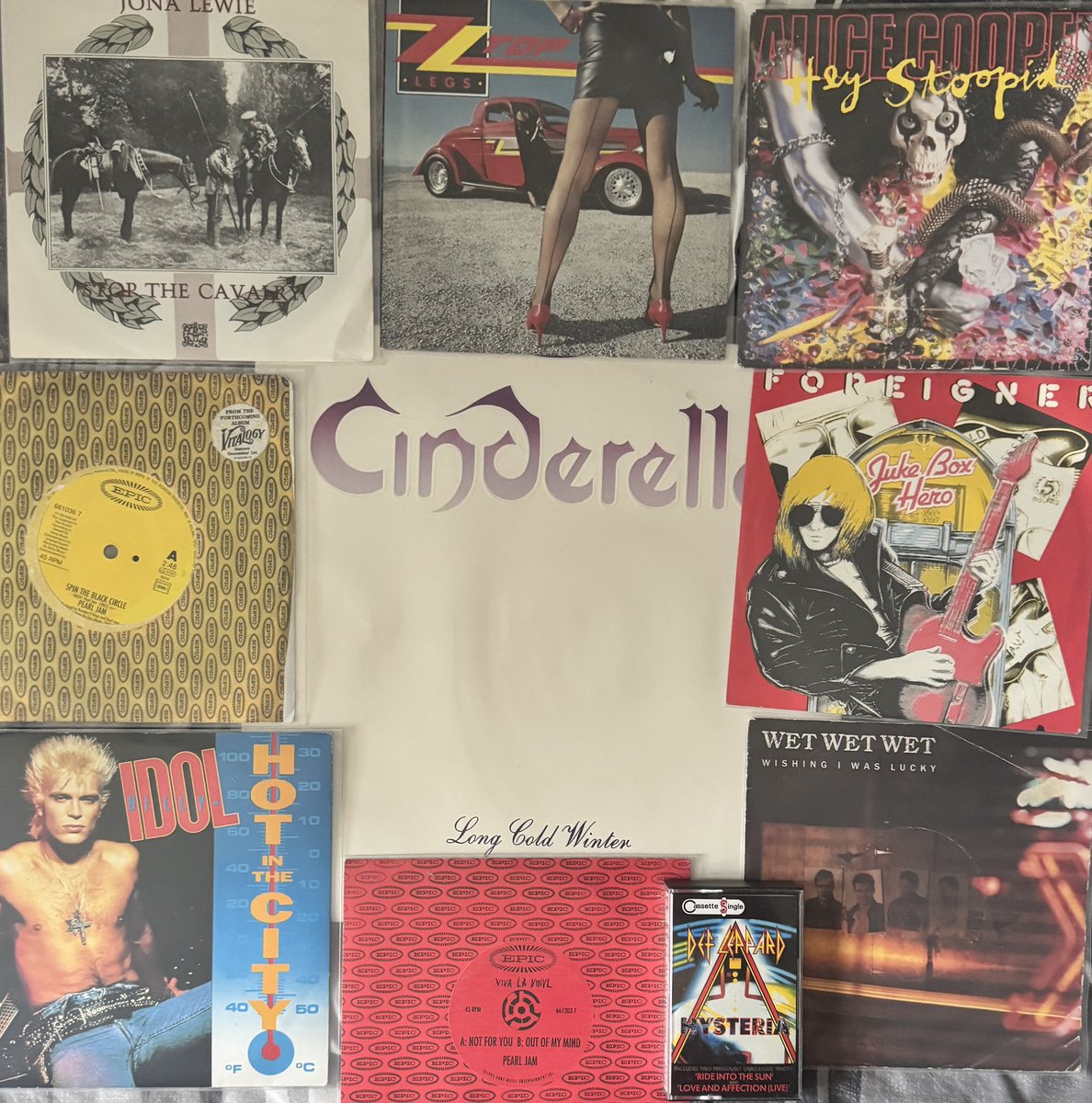 AndyLGR's tweet photo. This weekends haul of classic 7” singles, cassette single and an LP.  Cinderella, Pearl Jam, Def Leppard, ZZ Top, Alice Cooper, Wet Wet Wet, Foreigner, Billy Idol, Jona Lewi.
#nowlistening #vinyl #cassette https://t.co/fXaqz15doC