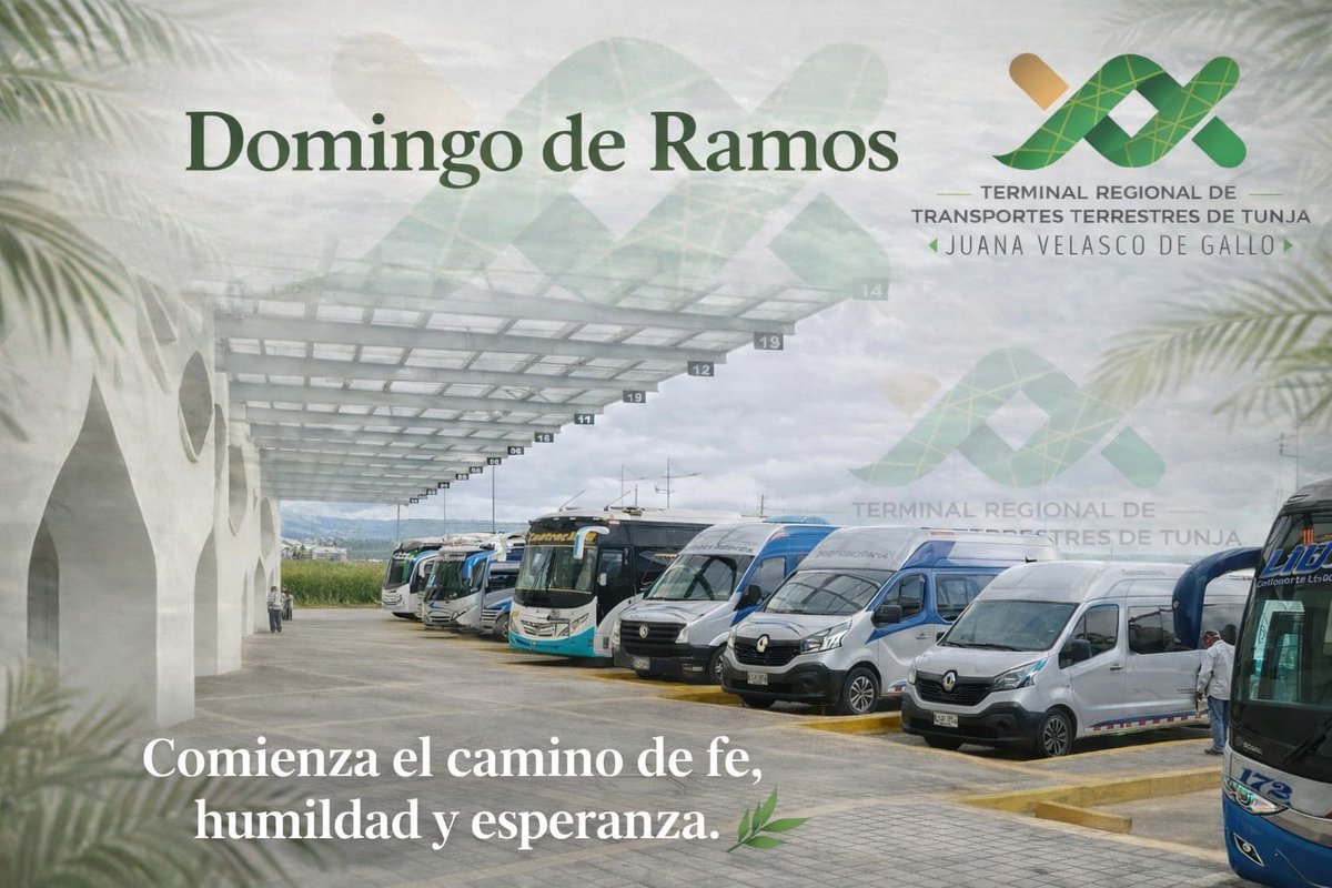 TerminalTunja's tweet photo. Hoy Domingo de Ramos desde la @TerminalTunja JVDG acompañamos a todos los viajeros que inician su camino en este Semana Santa🌿. Que este día sea un momento de reflexión y esperanza para quienes parten y para quienes regresan a casa🙌🏼. 
#ViajaSeguroViajaLegal https://t.co/KOwPrXwWvb