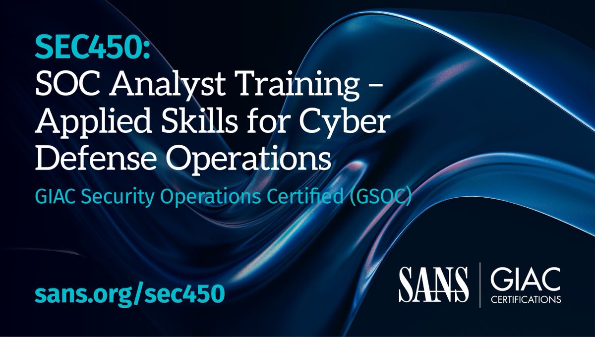 SANSDefense's tweet image. 🚨 Ready to boost your defense skills? SEC450 SOC Analyst Training covers essential tools and techniques for SOC Analysts. Get started with a FREE one-hour course preview today! 🔐 #BlueTeam #CyberSecurityTraining #SecurityOperations #SOC go.sans.org/AKgyXT