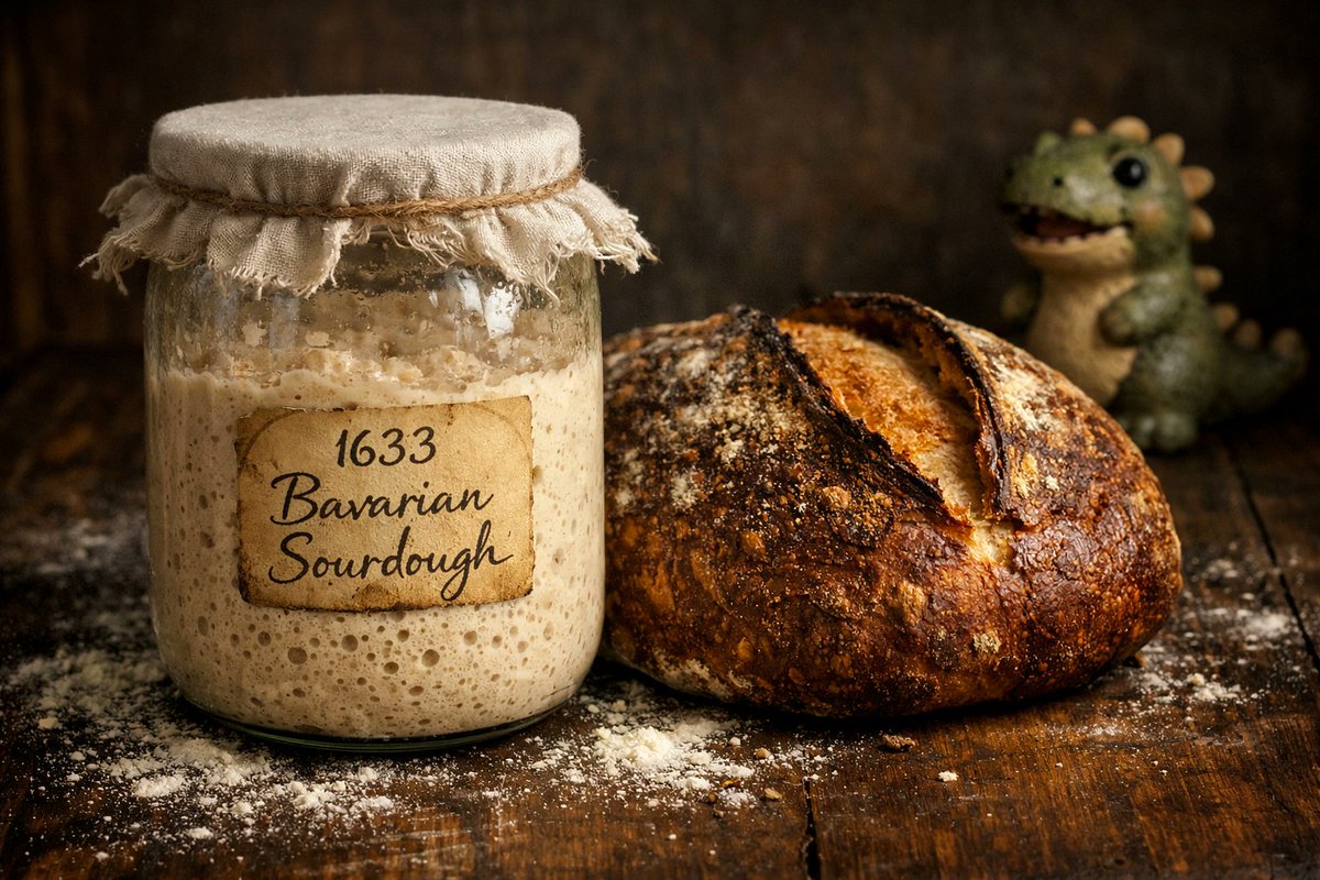 Tobieshouse's tweet image. Baking like it’s 1633! 🥨 Our Black Death Sourdough Starter is a Bavarian legacy with a super sour profile that’s totally worth the hype. 🦖⚡️ Grab this historical piece of history at tobieshouse.com and join the Dino network! 🍞💀 #Sourdough #BakingTrend #TobiesHouse