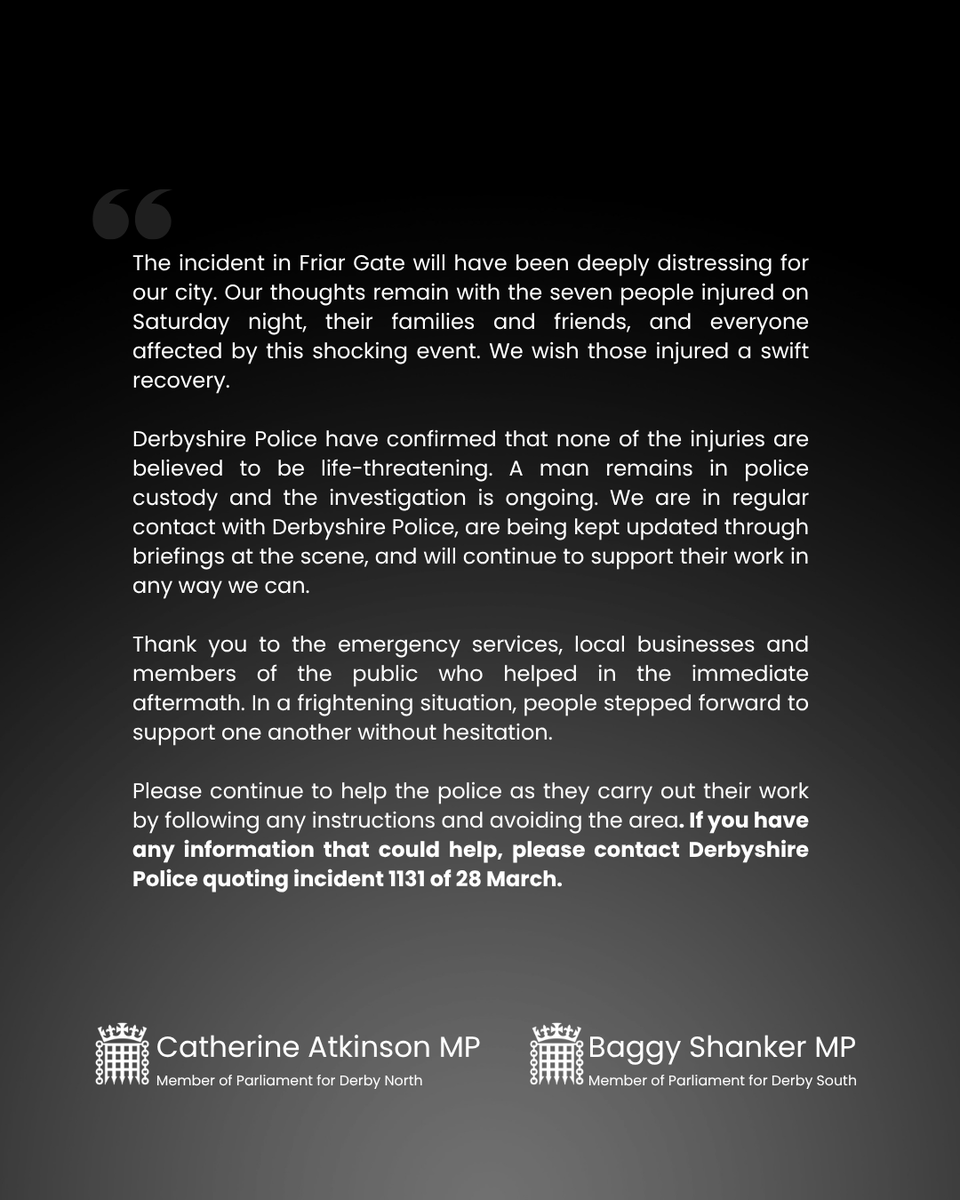 BaggyShanker's tweet photo. Joint statement with @catkinson80 on the incident in Friar Gate. Our thoughts are with all affected. https://t.co/B9aAfDvdqn