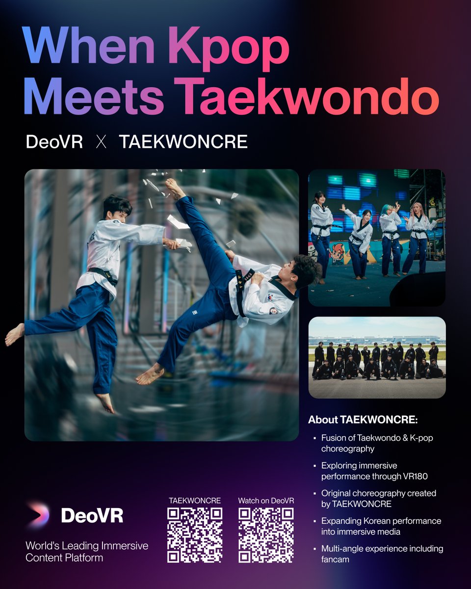 taekwoncre's tweet photo. We’re excited to announce our collaboration with @DeoVRPlayer. TAEKWONCRE is bringing Taekwondo into immersive media — blending world-class performance with K-pop choreography. Experience VR180 through powerful group stages and personal “fancam” views. This is just the beginning. https://t.co/PQB2rNezkO