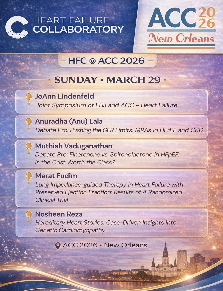 hfcollaboratory's tweet image. Sunday lineup at #ACC26 💙
#HFC members take the stage across key HF topics. Don’t miss it 👇