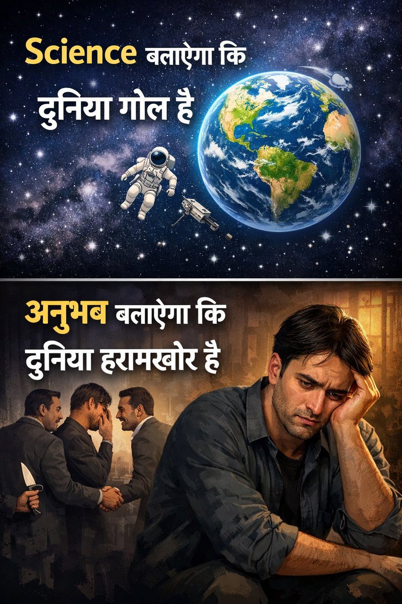 CalmJonny's tweet image. Good Evening 🌙
Science आपको बताएगा कि दुनिया गोल है,
और अनुभव आपको बताएगा कि दुनिया हरामखोर है।
#GoodEvening #RealityCheck #LifeTruth #Experience #BitterTruth #LifeQuotes #DeepLines