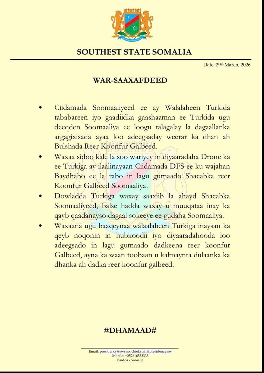 abdiCD's tweet photo. As @SNAForce intensifies operations along the Beidoa–Buurhakaba corridor, the leadership of South West State faces a moment of clear accountability.

The current political posture, driven by an attempt to extend power without broad consensus, reflects a failure of leadership. Instead of building unity, the administration has chosen a path that deepens division and weakens institutional legitimacy.

Statements emerging from this leadership do not support national security efforts. They create confusion, erode morale, and risk aligning with narratives exploited by Al-Shabaab.

At a time of active military operations, political survival must not override national interest. The leadership must either restore consensus and align with federal efforts, or accept responsibility for undermining both governance and security in South West State.

#Somalia
#SouthWest
#Beidoa