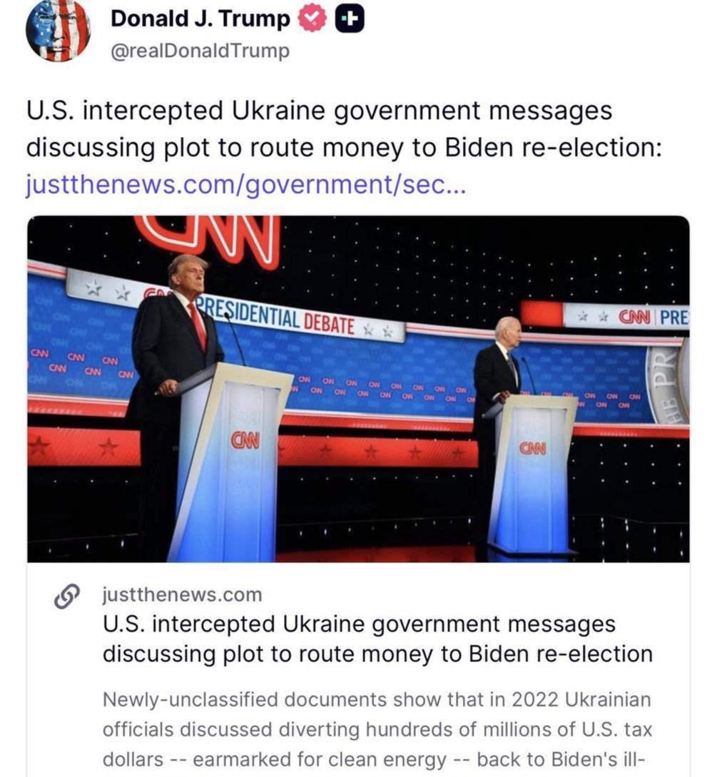 🔥Trump plaatste het post dat DNI Tulsi Gabbard een complot van de Oekraïense🇺🇦overheid had ontdekt om Amerikaans🇺🇸 belastinggeld om te leiden naar de presidentiële campagne van Biden in 2024‼️

Zoals we altijd al wisten,is
Oekraïne🇺🇦 een enorme witwasoperatie voor de Deep State.