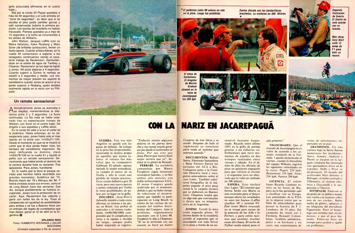 PatoG82's tweet photo. 29 de Marzo de 1981. GP de Brasil para la F1 🏁
REUTEMANN HUMILLÓ A JONES Y APLASTÓ A TODOS
"En Rio de Janeiro, de punta a punta y con un estilo contundente"
🇦🇷 Ricardo Zunino era 13° y Miguel A. Guerra (piloto suplente) no lograba ingresara la final.
El Gráfico (sigue) 👇 https://t.co/ITqUFDJhz6