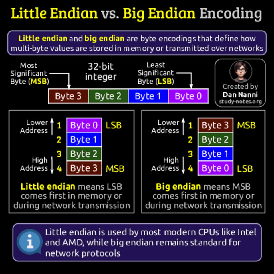 xmodulo's tweet image. Endianness describes how a system orders bytes in memory, and it is a core concept in #computerscience that affects data encoding &amp;amp; cross-platform compatibility 😎👆

Find high-res pdf ebooks with all my #technology related infographics at study-notes.org