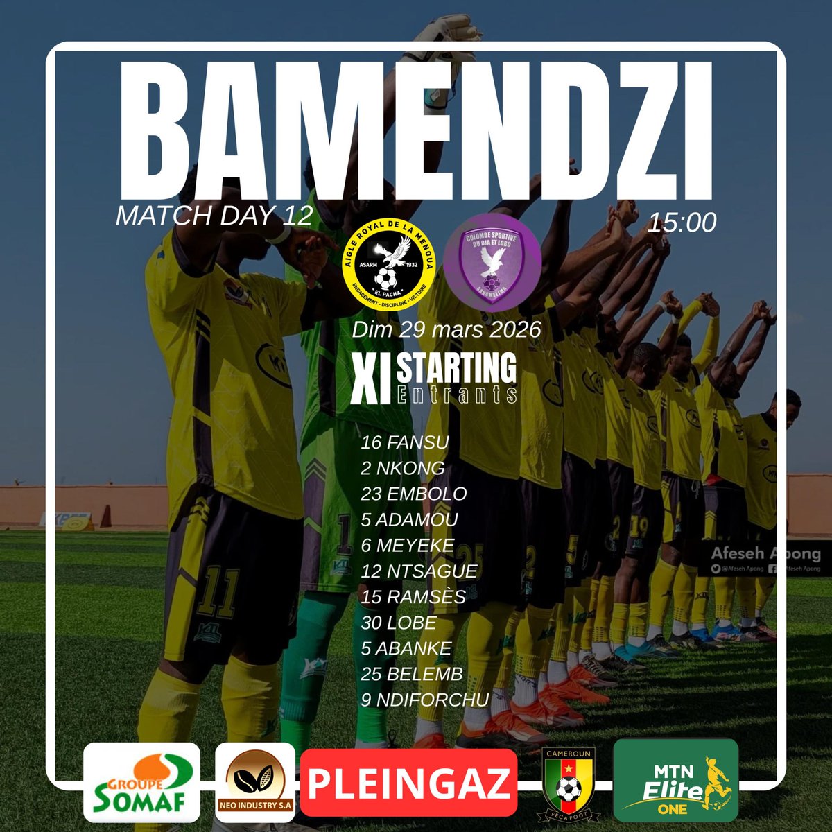 asarm_club's tweet photo. 🟡⚫ #MTNÉLITEONE 2025/2026 ⚽🇨🇲

Le 11 entrant de #ElPacha pour affronter la Colombe Sportive du Sud 
Vivement une victoire... ON VA TOUT DONNER POUR Y PARVENIR. 

 #𝐀𝐥𝐥𝐞𝐳𝐀𝐢𝐠𝐥𝐞 🦅💛🖤 https://t.co/0M0Gu7Ypsz
