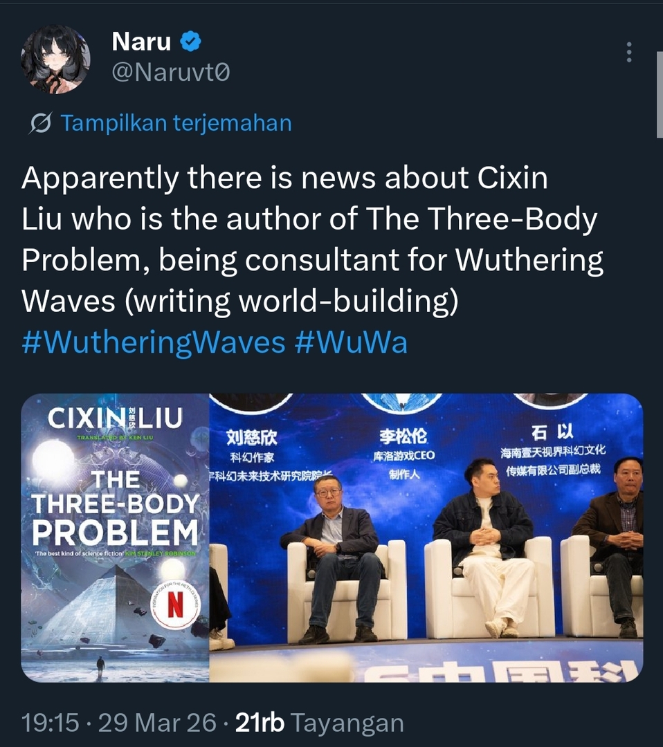 wuwamfs's tweet photo. Game kakaknya dapet awards sebagai game scifi terbaik di mainland sana, sementara wuwa! adiknya dapet author 3 body problem sebagai consultant buat story kedepannya. Emang gak salah donasi kecil-kecilan ke Kuro. HAIL SOLON LEE 🔥 https://t.co/wlSo0sXOlV