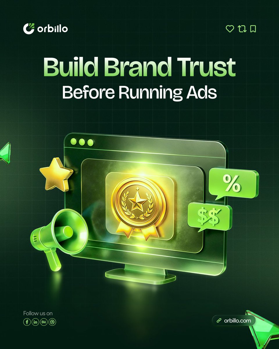 TeamOrbillo's tweet photo. Ads fail from weak trust.

Visitors check signals:
• Clear positioning
• Professional site
• Visible proof
• Simple navigation
• Consistent messaging

Trust improves ads.

#Orbillo #DesignPartner #MarketingStrategy #TrustSignals https://t.co/dSRqksUJF4