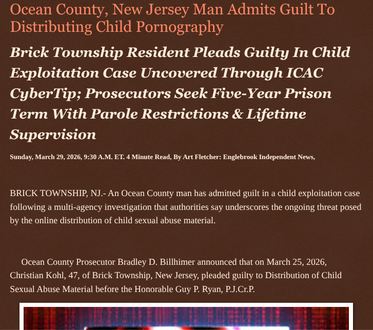 ArtFletcher9's tweet photo. Ocean County, New Jersey Man Admits Guilt To Distributing Child Pornography https://t.co/BjRITGuQ35 via @Englebrooknews #NewJersey #CrimeNews #OceanCountyNJ #ChildPornography #GuiltyPlea #BrickTownshipNJ #ChildPredator @wireless_step @HRG_Media @LodiNJNews @Fordmb1953 @SarahGeving1 @Shannon96574094 @Daytobehappy @janninereid1 @gator4kb18 @MichelleF_35 @TrumpWasRite2 @KathyKbrose @RobGerundo @JimBobW49