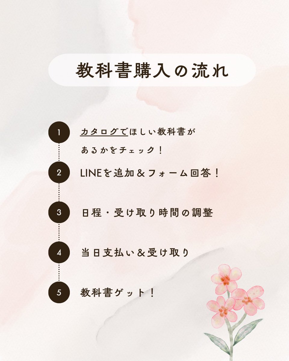 study42komazawa's tweet photo. 🌸\ 教科書購入の流れ /🌸

まもなく新年度がスタートしますね😆
春の教科書販売は4月2日スタート！

購入方法は「対面での受け取り」となります
まずは公式LINEの追加をお願いします☘️

カタログはこちら👇
https://t.co/rmCEhs0tbn

購入の流れは、下の画像をご確認ください⬇️
#春から駒澤　#駒澤 https://t.co/HjTZfbXJhk