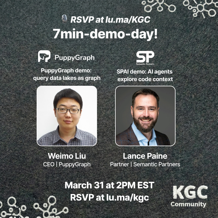 KGConference's tweet photo. Let’s wrap up Q1 with our newest KGC community event — 7-Min Demo Day.

Two live demos!
1/ SPOQE (SPAI) — tools for AI agents with structured outputs + persistent memory
2/ PuppyGraph — query petabyte-scale data lakes as a graph, no ETL

RSVP: https://t.co/jvMY1fFdKs https://t.co/UAKB4Qr4bd
