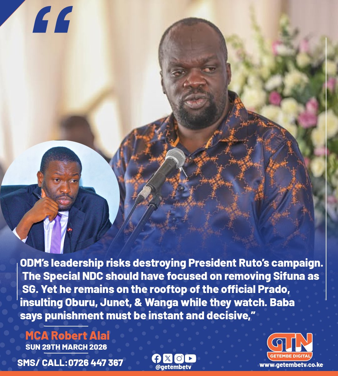 GetembeTV's tweet image. “ODM’s leadership risks destroying President Ruto’s campaign. The Special NDC should have focused on removing Sifuna as SG.” MCA Robert Alai.
#RobertAlai #ODM #EdwinSifuna #KenyaPolitics #Baba #PoliticalDrama #getembedigital